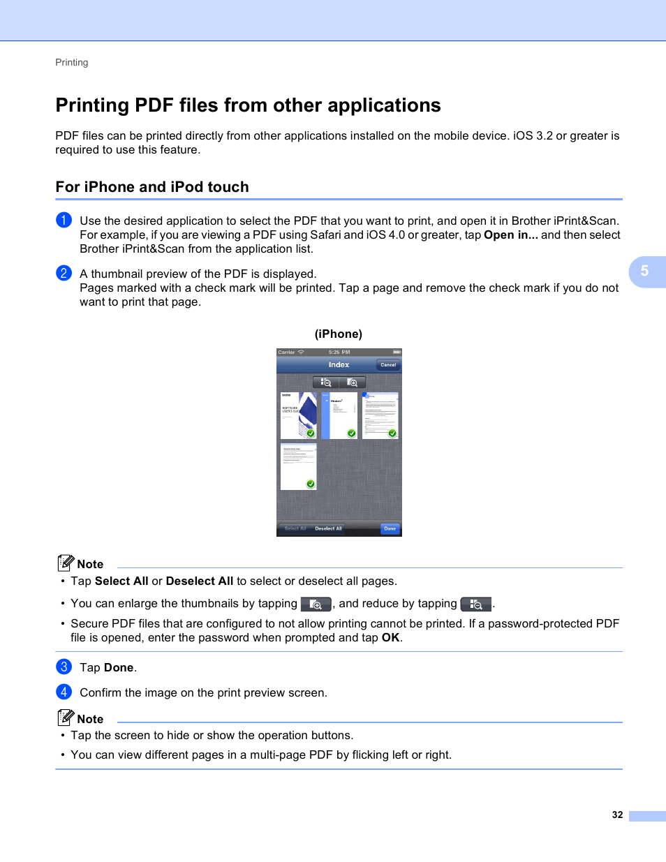 Printing pdf files from other applications, For iphone and ipod touch | Brother iPrint&Scan Version A User Manual | Page 36 / 69