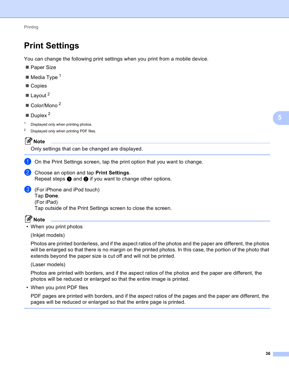 Print settings | Brother iPrint&Scan Version A User Manual | Page 40 / 69