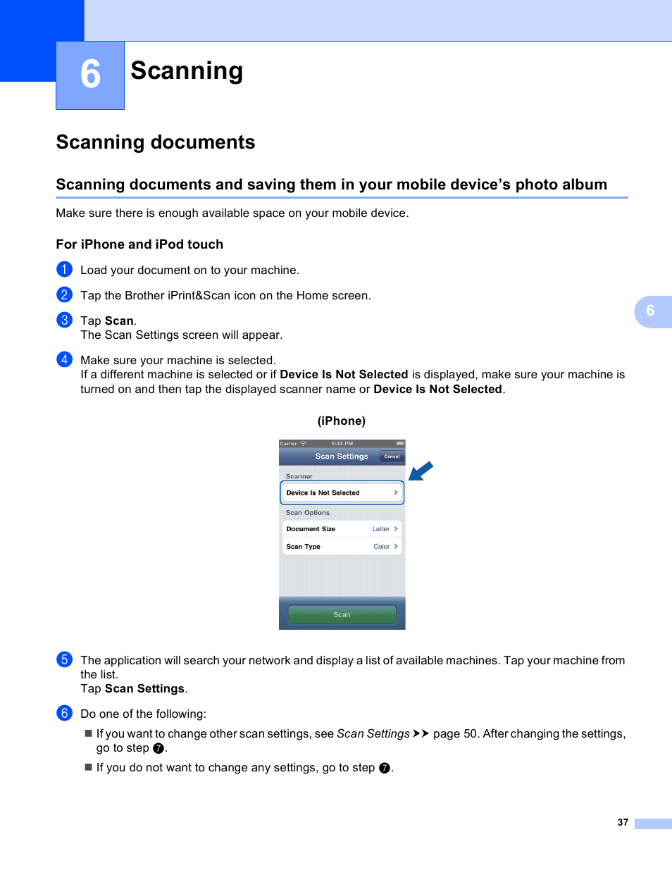 6 scanning, Scanning documents, For iphone and ipod touch | Scanning | Brother iPrint&Scan Version A User Manual | Page 41 / 69