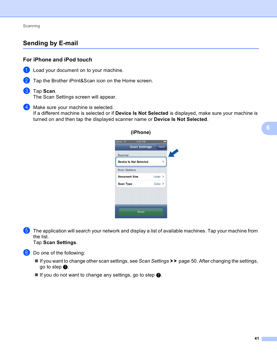 Sending by e-mail, For iphone and ipod touch, 6sending by e-mail | Brother iPrint&Scan Version A User Manual | Page 45 / 69