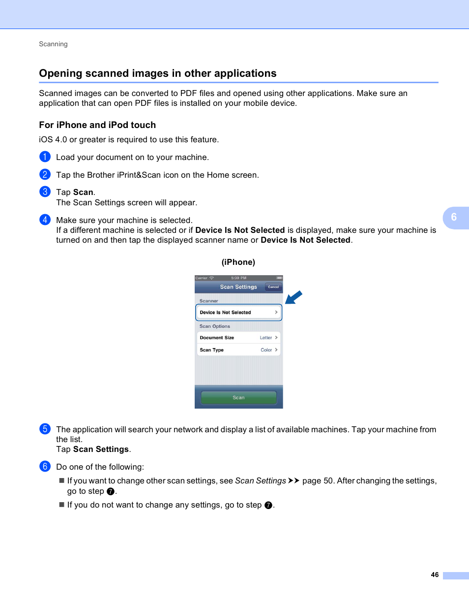 Opening scanned images in other applications, For iphone and ipod touch, 6opening scanned images in other applications | Brother iPrint&Scan Version A User Manual | Page 50 / 69