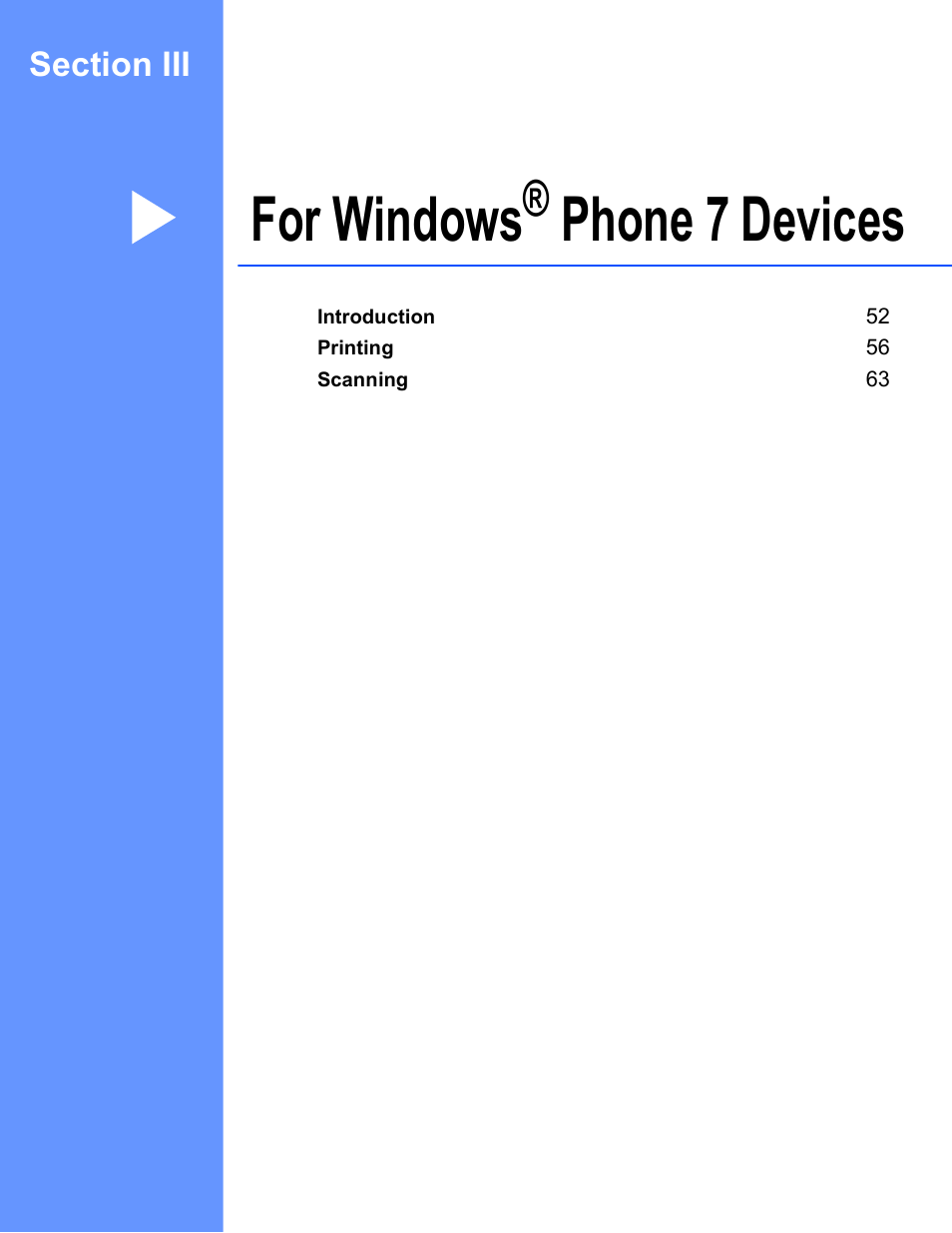 For windows® phone 7 devices, Section iii for windows, Phone 7 devices | For windows | Brother iPrint&Scan Version A User Manual | Page 55 / 69