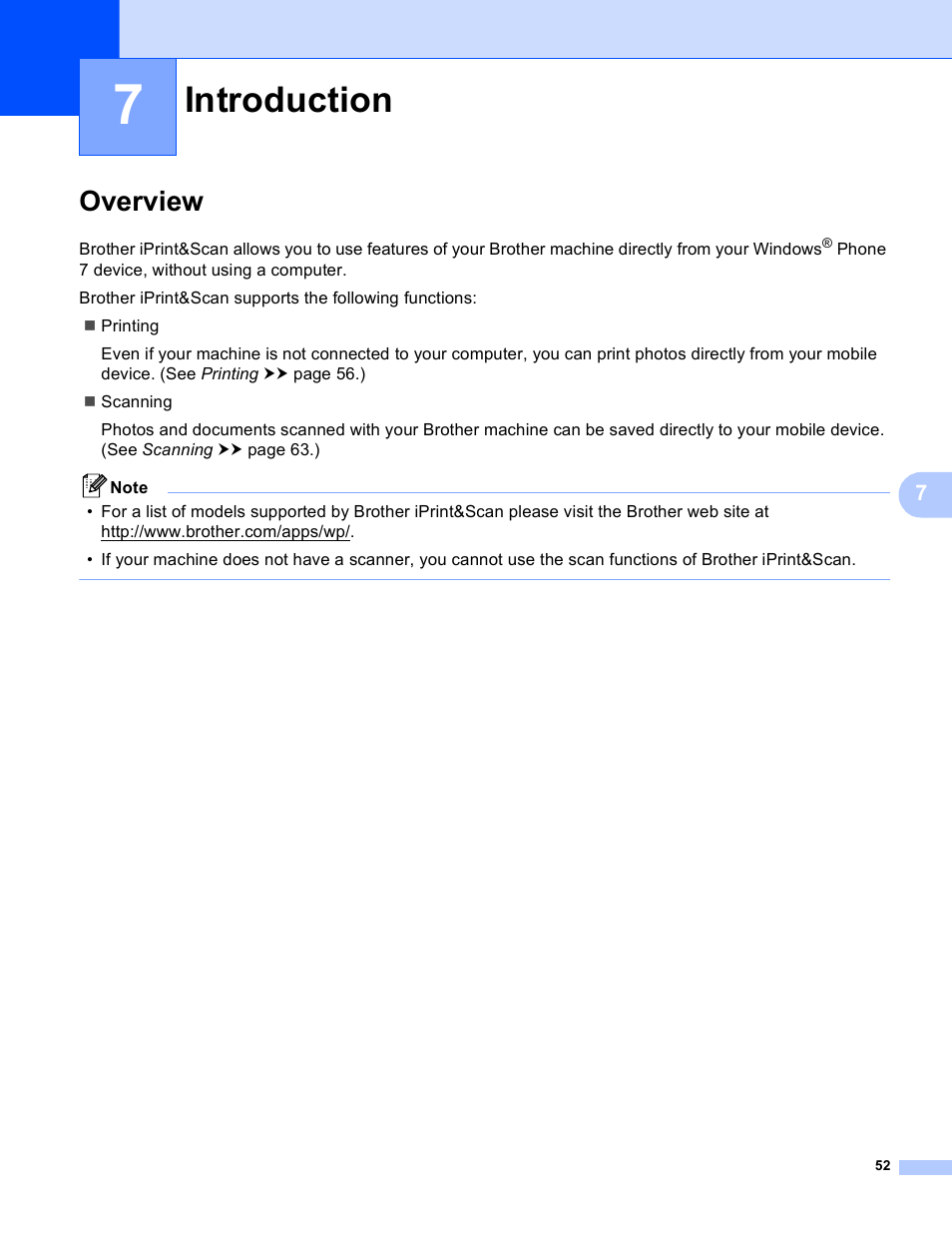 7 introduction, Overview, Introduction | Brother iPrint&Scan Version A User Manual | Page 56 / 69