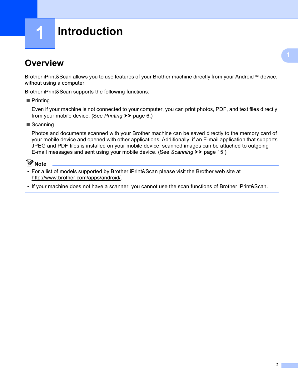 1 introduction, Overview, Introduction | Brother iPrint&Scan Version A User Manual | Page 6 / 69