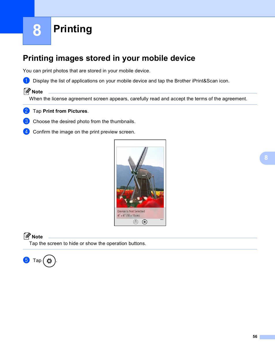 8 printing, Printing images stored in your mobile device, Printing | Brother iPrint&Scan Version A User Manual | Page 60 / 69