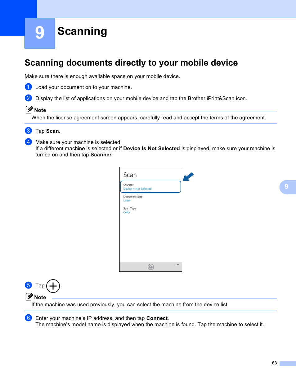9 scanning, Scanning documents directly to your mobile device, Scanning | Brother iPrint&Scan Version A User Manual | Page 67 / 69