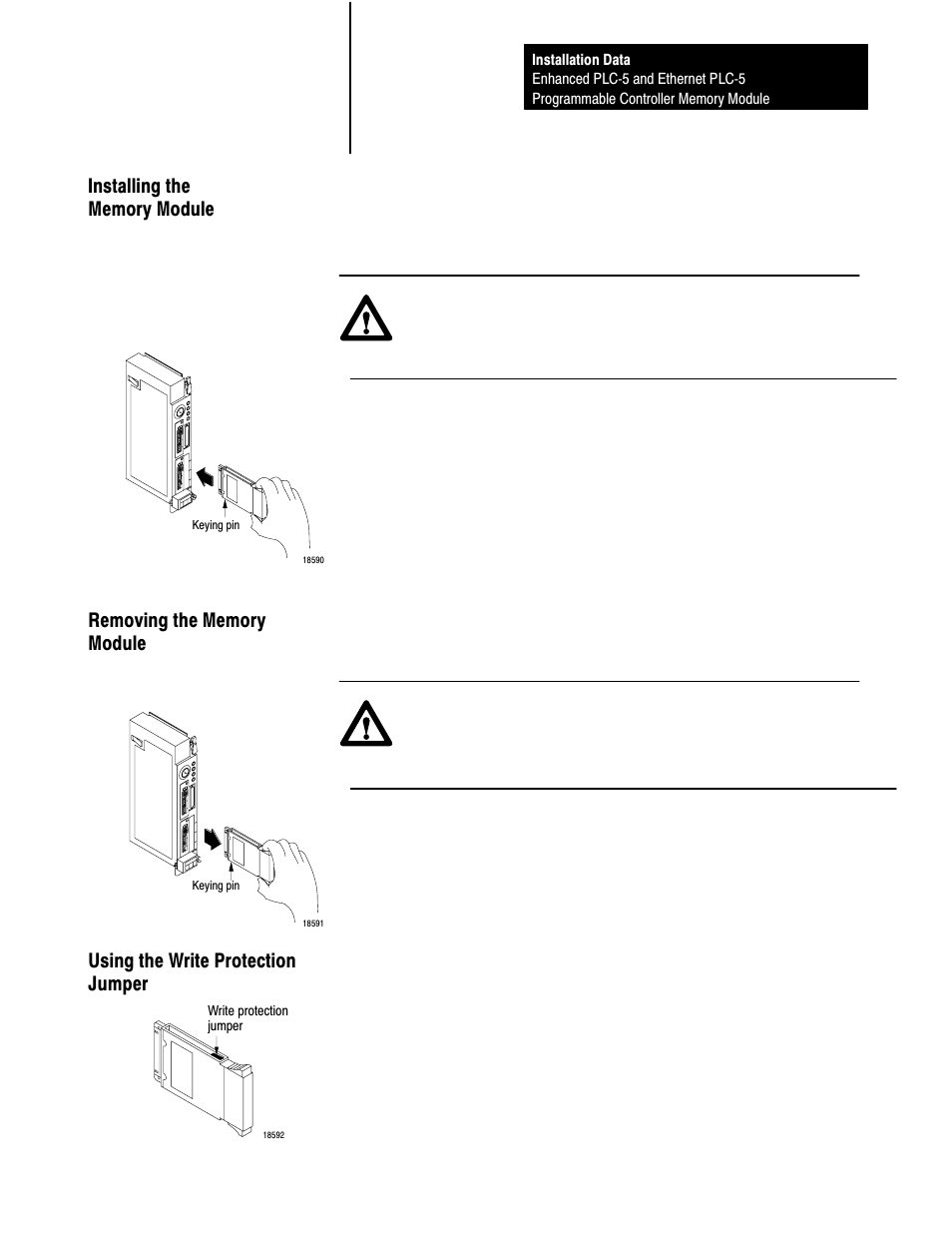 Installing the memory module, Removing the memory module, Using the write protection jumper | Rockwell Automation 1785-M100_ME16_ME32_ME64 INSTL DATA ENHANCED ETHERNET PLC-5 User Manual | Page 5 / 10