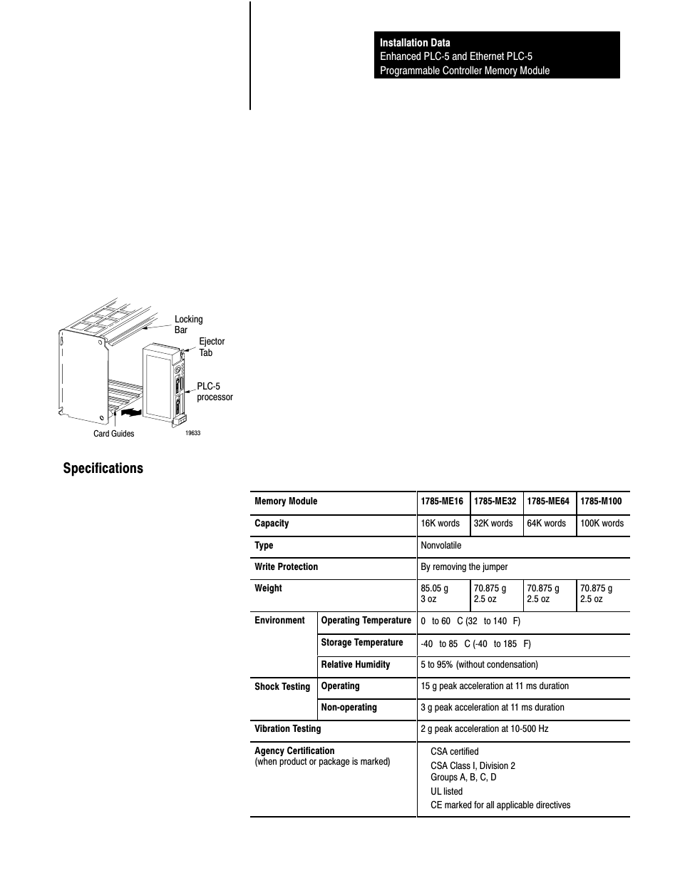 Specifications | Rockwell Automation 1785-M100_ME16_ME32_ME64 INSTL DATA ENHANCED ETHERNET PLC-5 User Manual | Page 9 / 10