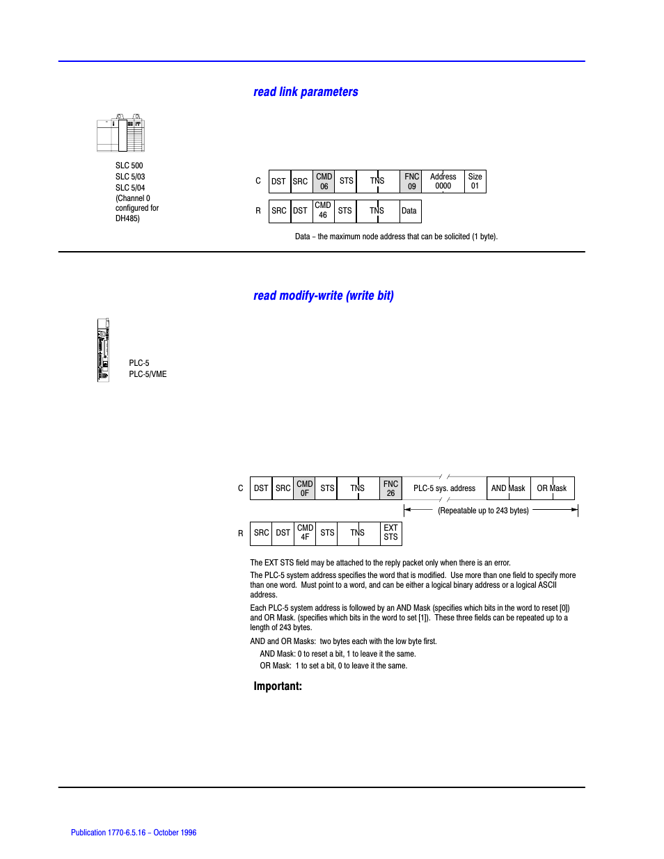 Read link parameters, Read modifyćwrite (write bit) | Rockwell Automation 1770, D17706.5.16 Ref Mnl DF1 Protocol Command User Manual | Page 107 / 251