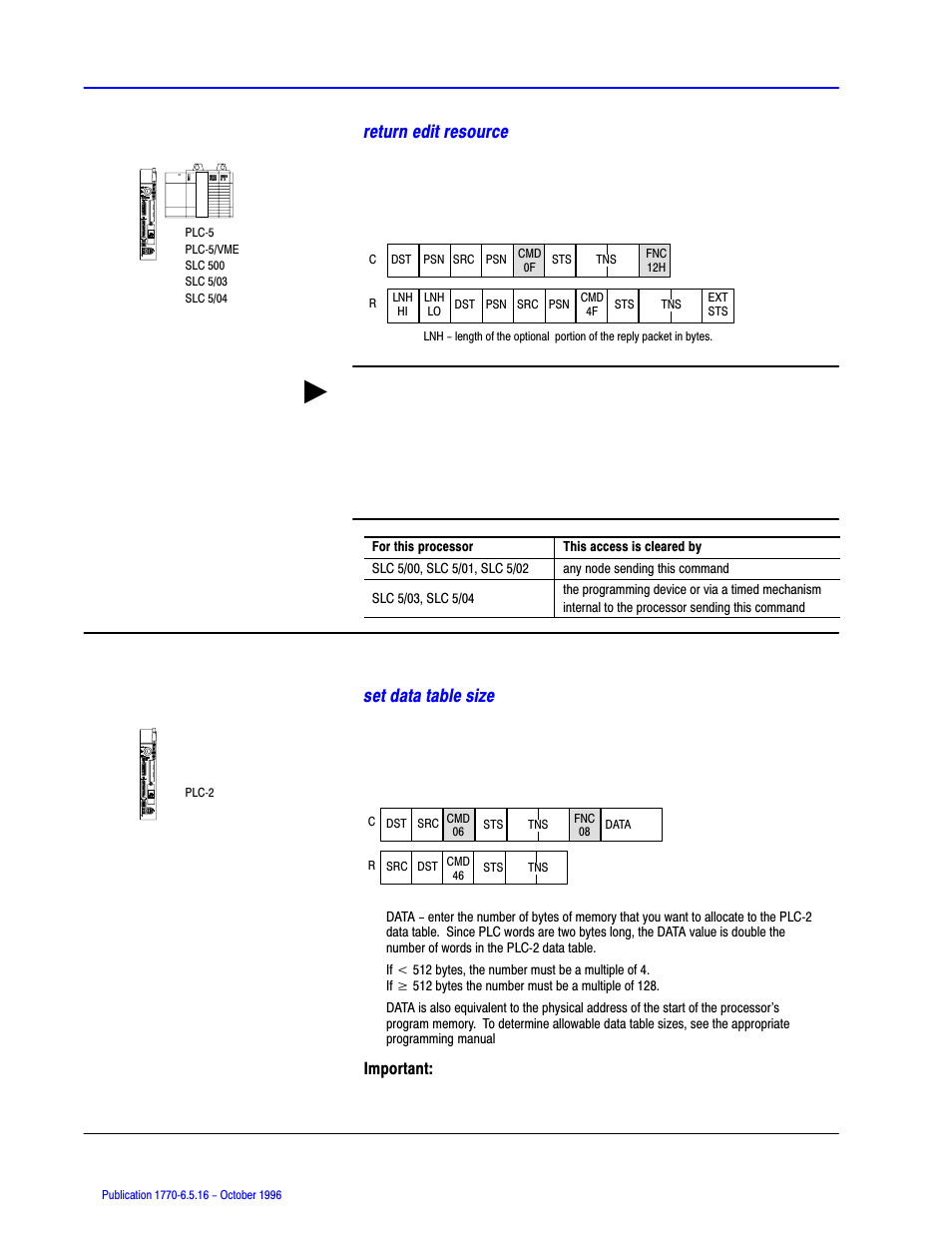 Return edit resource, Set data table size | Rockwell Automation 1770, D17706.5.16 Ref Mnl DF1 Protocol Command User Manual | Page 111 / 251