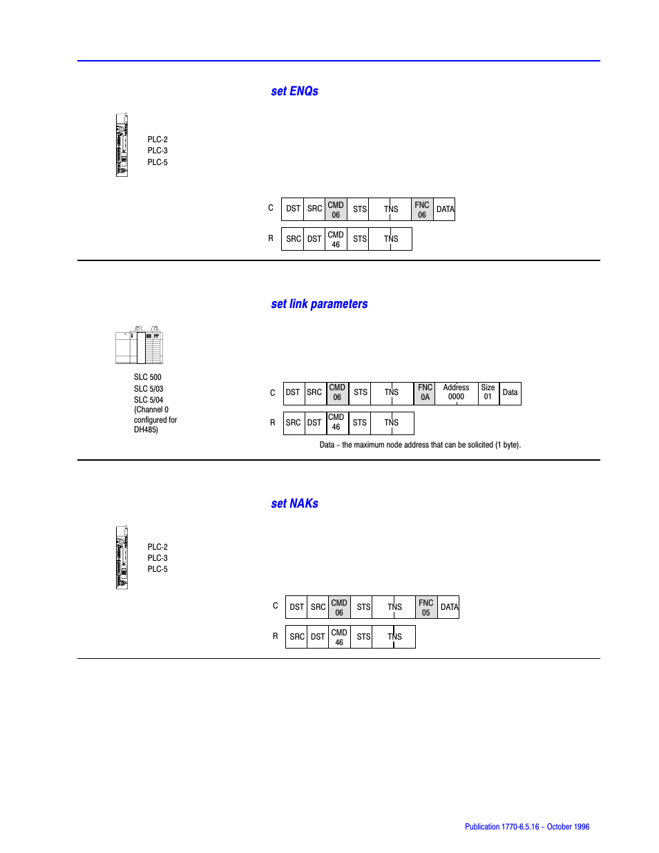 Set enqs, Set link parameters, Set naks | Rockwell Automation 1770, D17706.5.16 Ref Mnl DF1 Protocol Command User Manual | Page 112 / 251