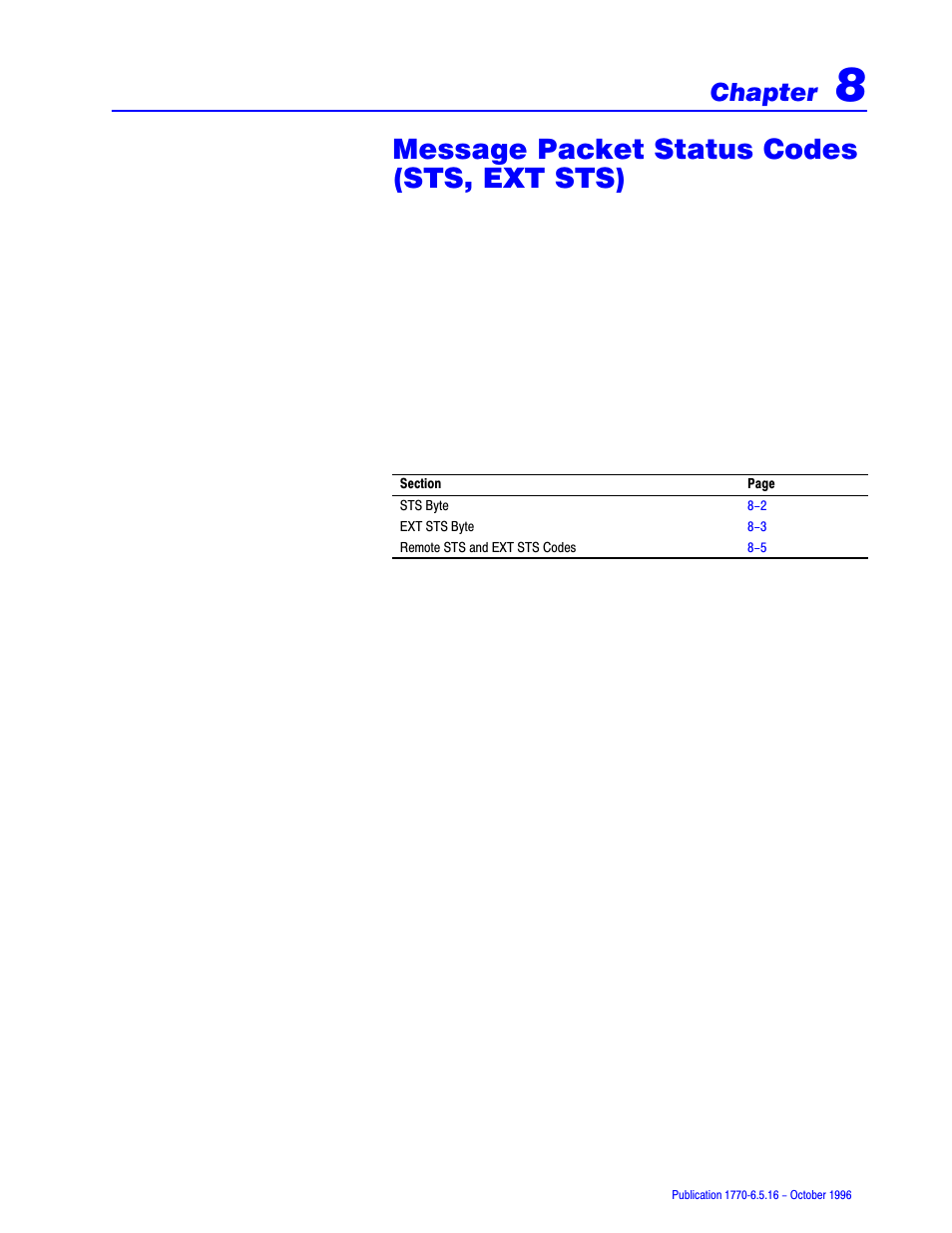 8 - message packet status codes (sts, ext sts), Message packet status codes (sts, ext sts), Chapter | Rockwell Automation 1770, D17706.5.16 Ref Mnl DF1 Protocol Command User Manual | Page 128 / 251