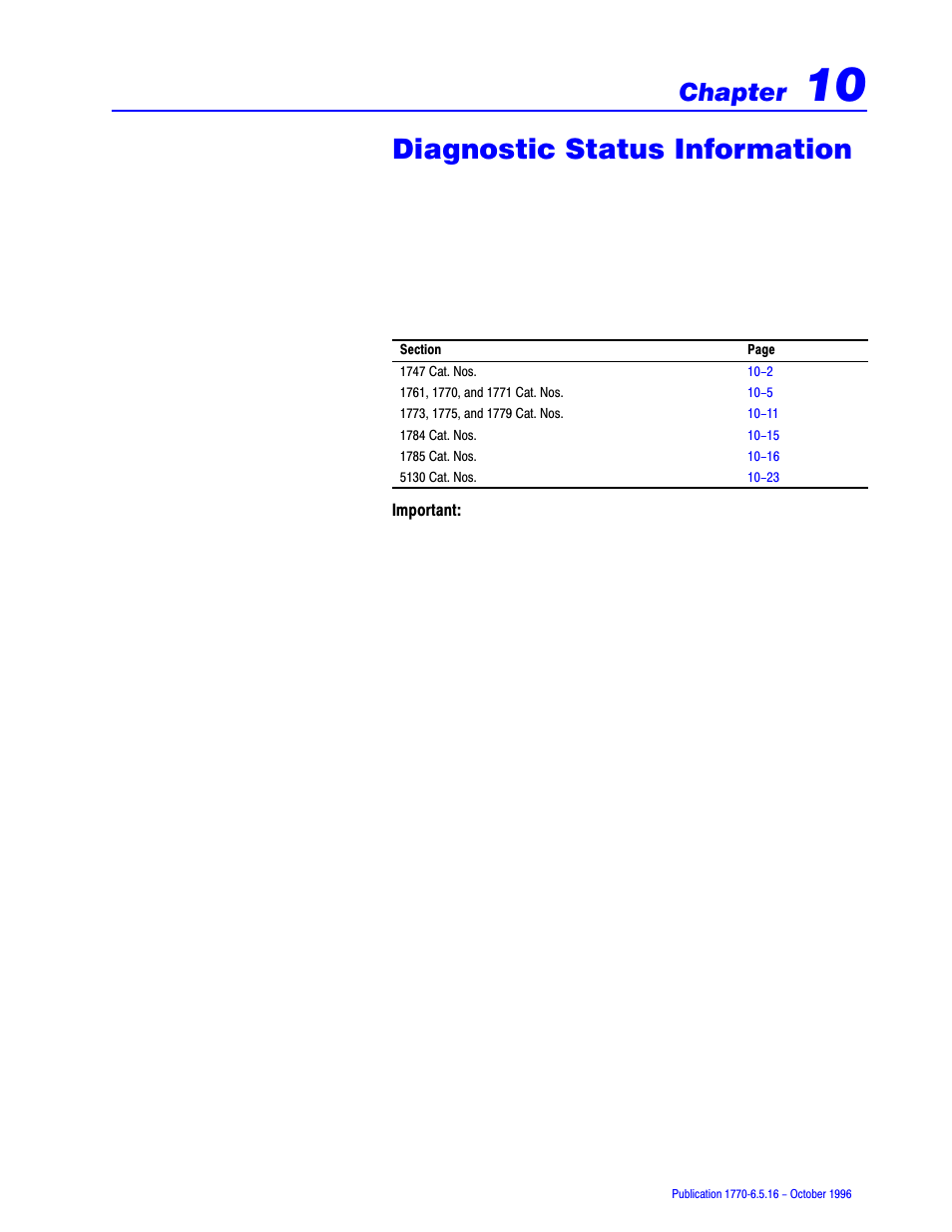 10 - diagnostic status information, Diagnostic status information, Chapter | Rockwell Automation 1770, D17706.5.16 Ref Mnl DF1 Protocol Command User Manual | Page 172 / 251