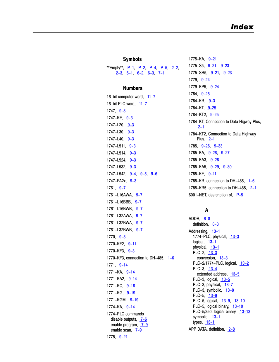 Index | Rockwell Automation 1770, D17706.5.16 Ref Mnl DF1 Protocol Command User Manual | Page 244 / 251