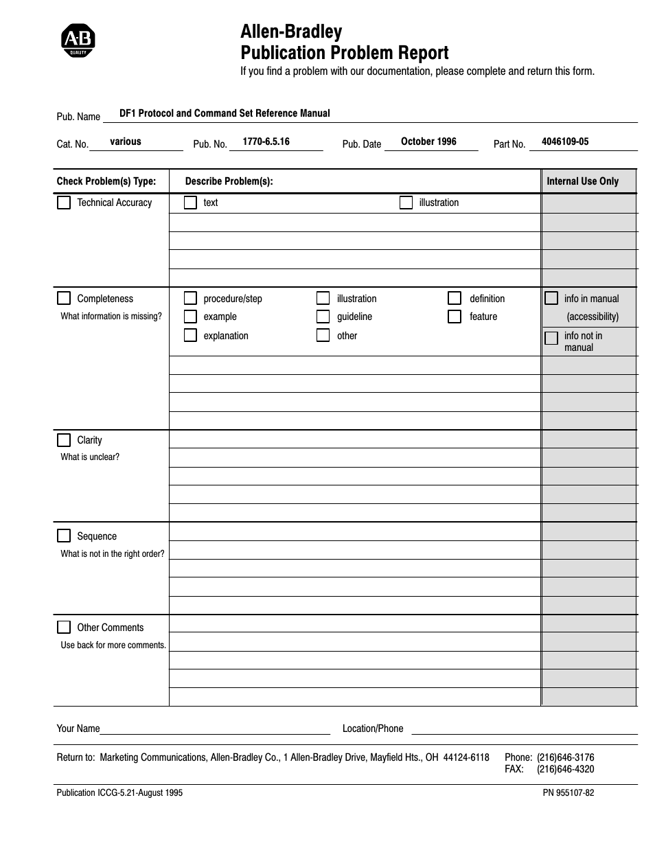 Publication problem report, Allenćbradley publication problem report | Rockwell Automation 1770, D17706.5.16 Ref Mnl DF1 Protocol Command User Manual | Page 249 / 251