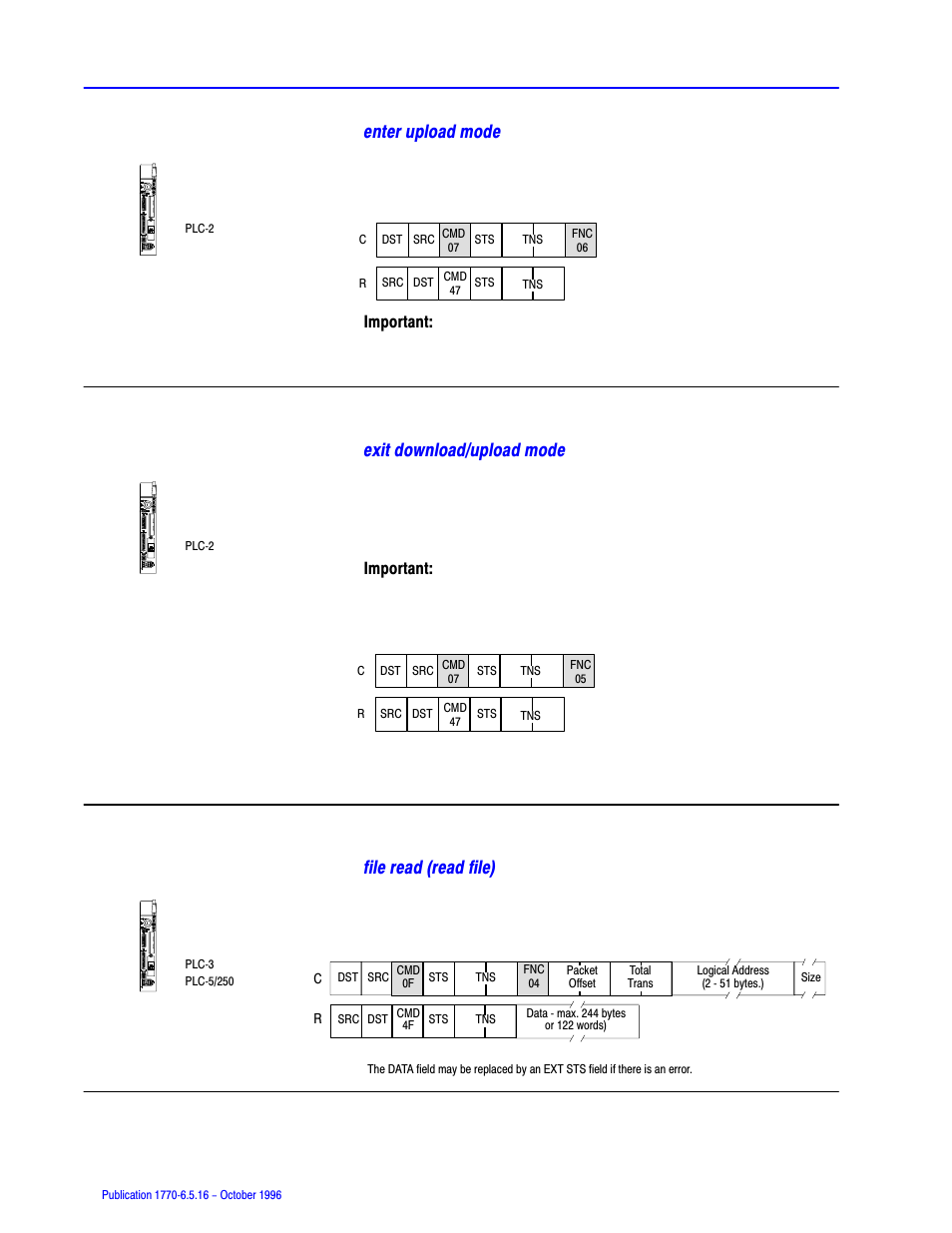 Enter upload mode, Exit download/upload mode, File read (read file) | Rockwell Automation 1770, D17706.5.16 Ref Mnl DF1 Protocol Command User Manual | Page 97 / 251