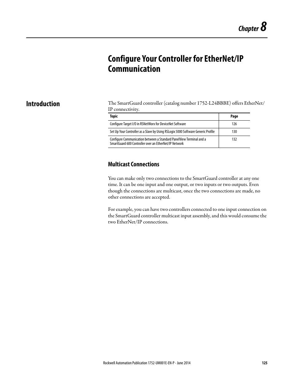 Introduction, Multicast connections, Chapter 8 | Chapter | Rockwell Automation 1752-L24BBBE SmartGuard 600 Controllers User Manual User Manual | Page 125 / 290