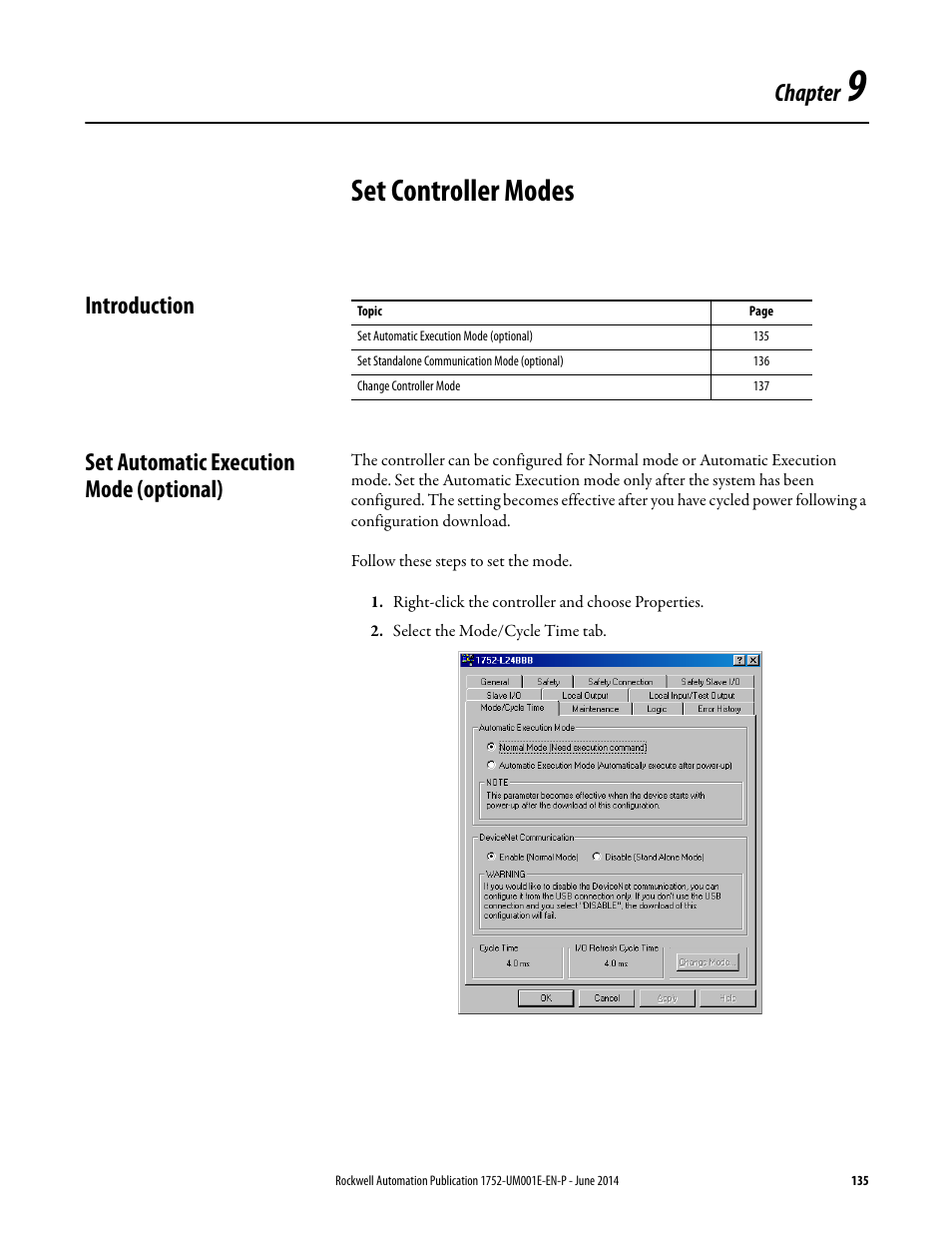 9 - set controller modes, Introduction, Set automatic execution mode (optional) | Chapter 9, Set controller modes, Chapter | Rockwell Automation 1752-L24BBBE SmartGuard 600 Controllers User Manual User Manual | Page 135 / 290