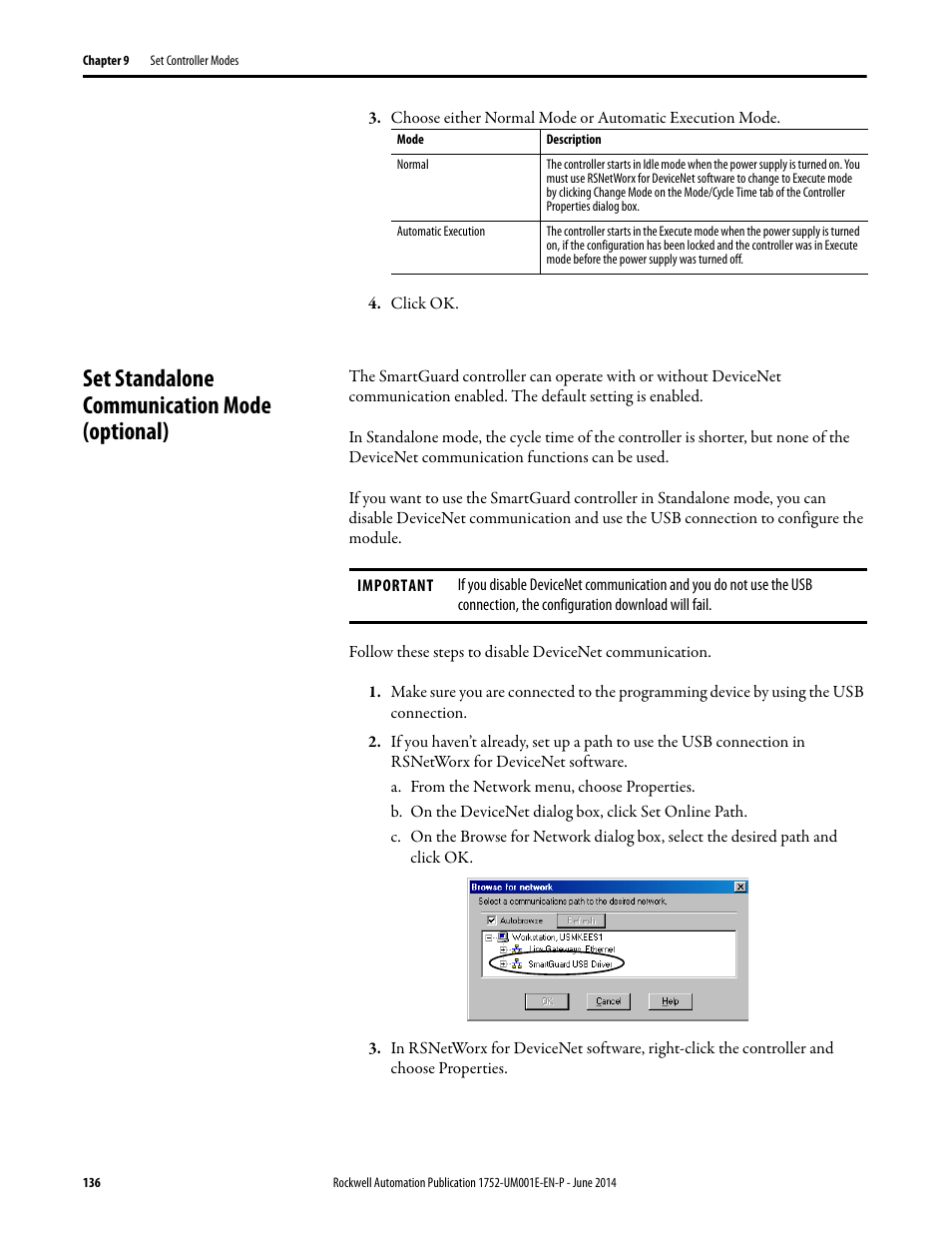 Set standalone communication mode (optional) | Rockwell Automation 1752-L24BBBE SmartGuard 600 Controllers User Manual User Manual | Page 136 / 290