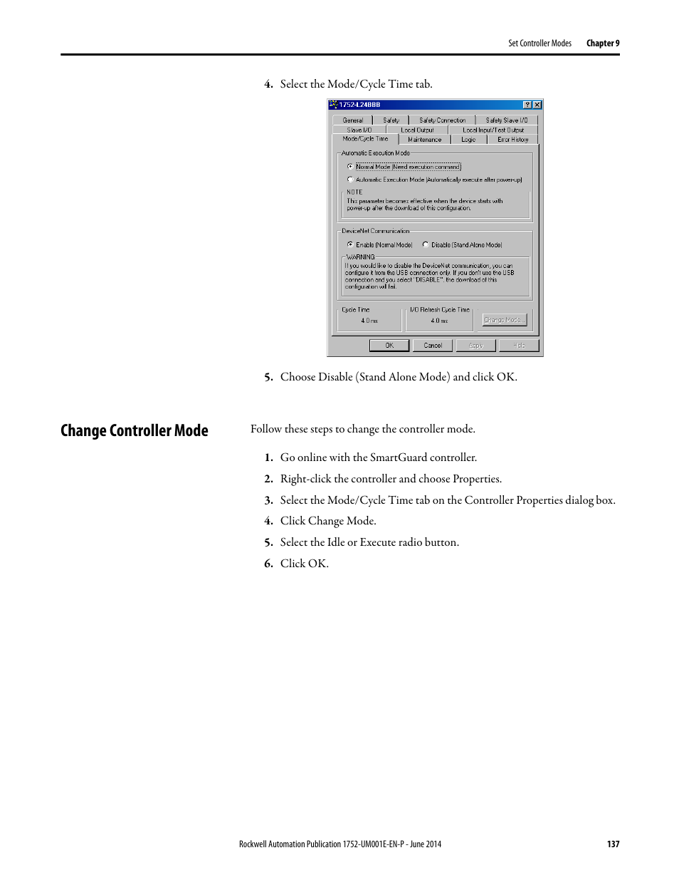 Change controller mode | Rockwell Automation 1752-L24BBBE SmartGuard 600 Controllers User Manual User Manual | Page 137 / 290