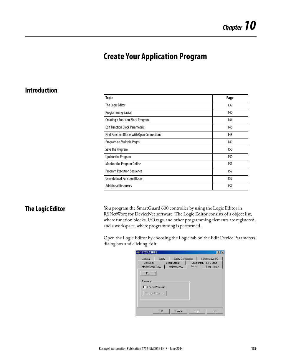 10 - create your application program, Introduction, The logic editor | Chapter 10, Create your application program, Introduction the logic editor, Chapter | Rockwell Automation 1752-L24BBBE SmartGuard 600 Controllers User Manual User Manual | Page 139 / 290