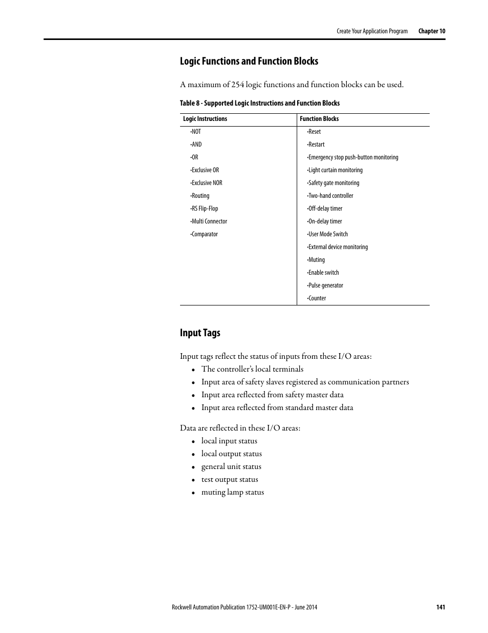 Logic functions and function blocks, Input tags | Rockwell Automation 1752-L24BBBE SmartGuard 600 Controllers User Manual User Manual | Page 141 / 290