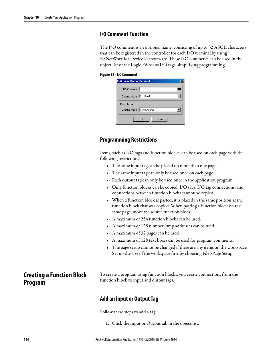 I/o comment function, Programming restrictions, Creating a function block program | Add an input or output tag, I/o comment function programming restrictions | Rockwell Automation 1752-L24BBBE SmartGuard 600 Controllers User Manual User Manual | Page 144 / 290