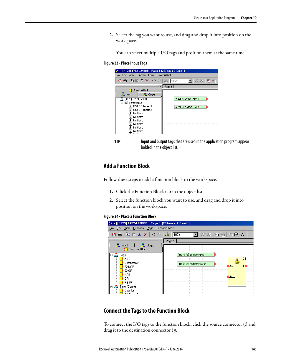 Add a function block, Connect the tags to the function block | Rockwell Automation 1752-L24BBBE SmartGuard 600 Controllers User Manual User Manual | Page 145 / 290