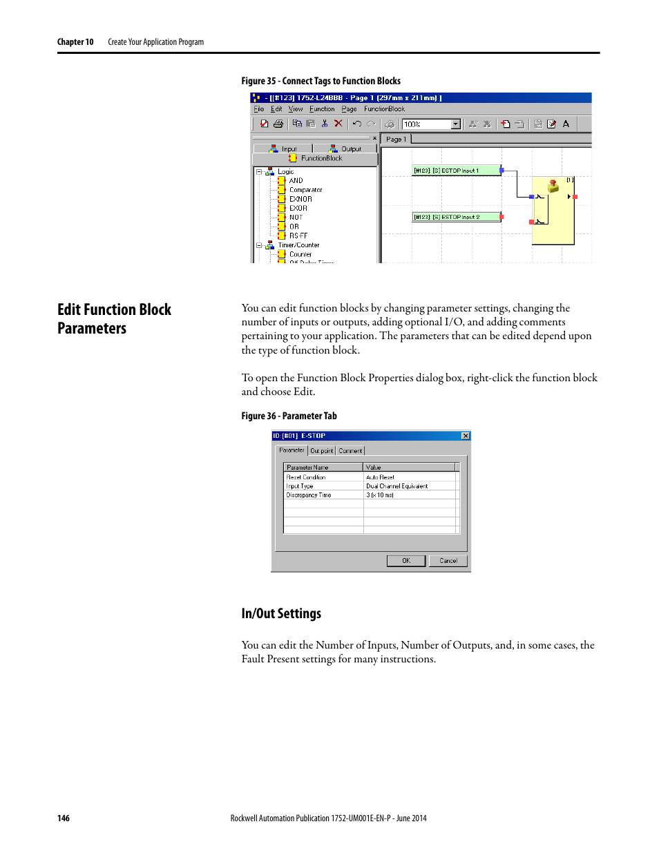 Edit function block parameters, In/out settings | Rockwell Automation 1752-L24BBBE SmartGuard 600 Controllers User Manual User Manual | Page 146 / 290