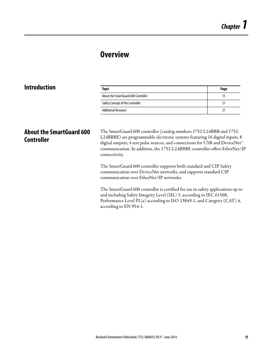 1 - overview, Introduction, About the smartguard 600 controller | Chapter 1, Overview, Introduction about the smartguard 600 controller, Chapter | Rockwell Automation 1752-L24BBBE SmartGuard 600 Controllers User Manual User Manual | Page 15 / 290