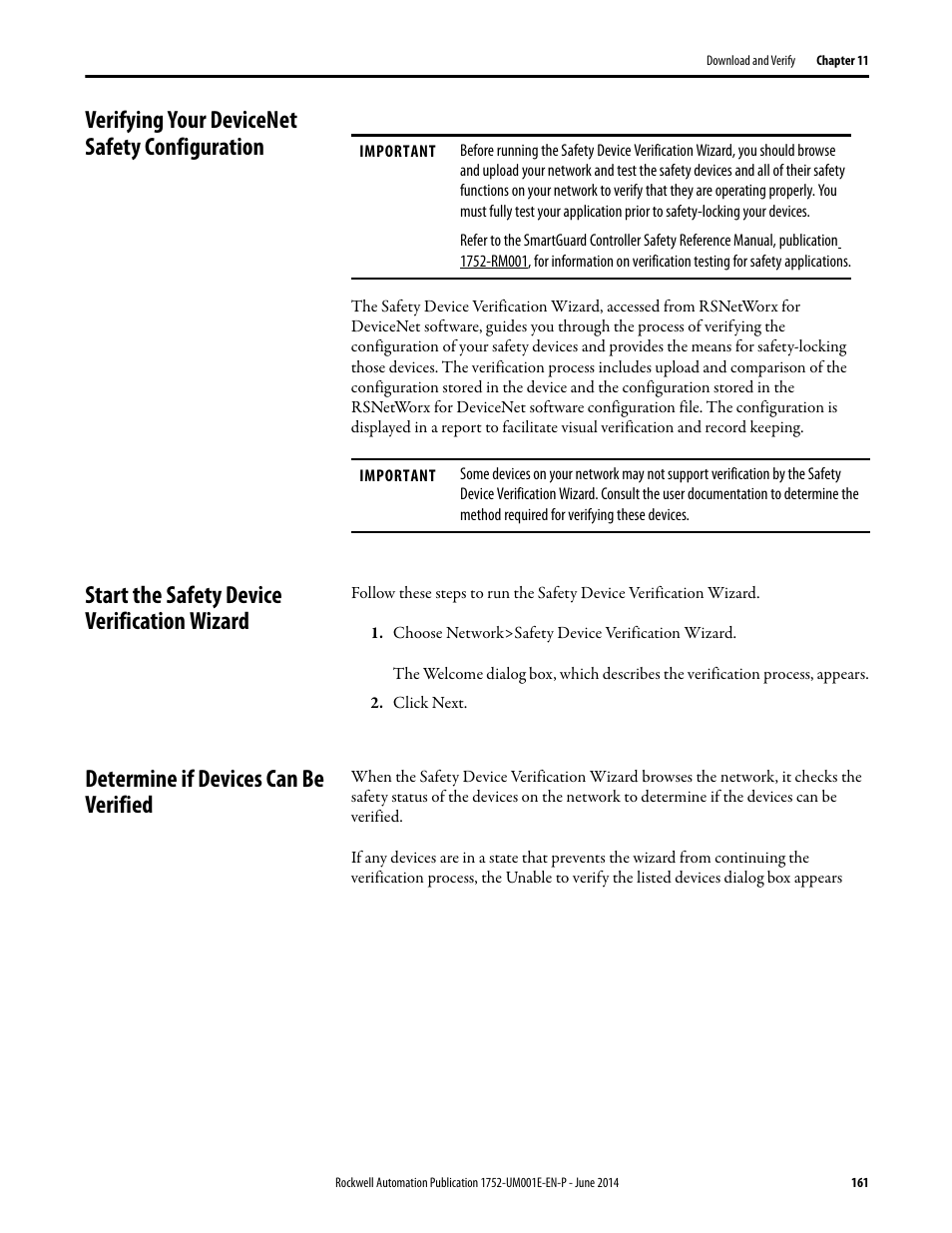 Verifying your devicenet safety configuration, Start the safety device verification wizard, Determine if devices can be verified | Rockwell Automation 1752-L24BBBE SmartGuard 600 Controllers User Manual User Manual | Page 161 / 290
