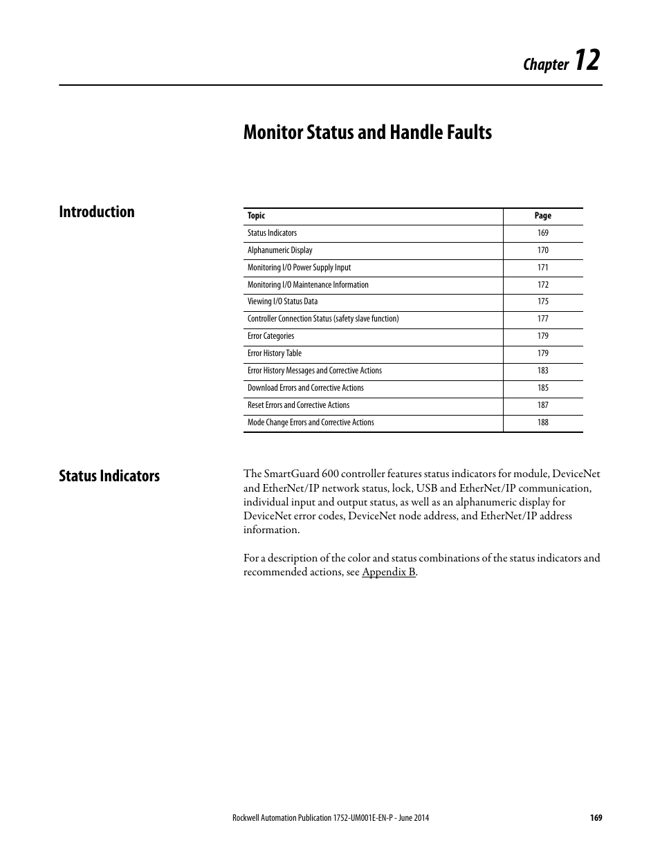12 - monitor status and handle faults, Introduction, Status indicators | Chapter 12, Monitor status and handle faults, Introduction status indicators, Chapter | Rockwell Automation 1752-L24BBBE SmartGuard 600 Controllers User Manual User Manual | Page 169 / 290
