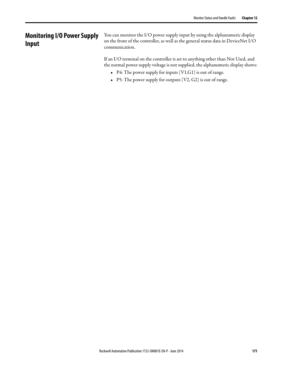 Monitoring i/o power supply input | Rockwell Automation 1752-L24BBBE SmartGuard 600 Controllers User Manual User Manual | Page 171 / 290