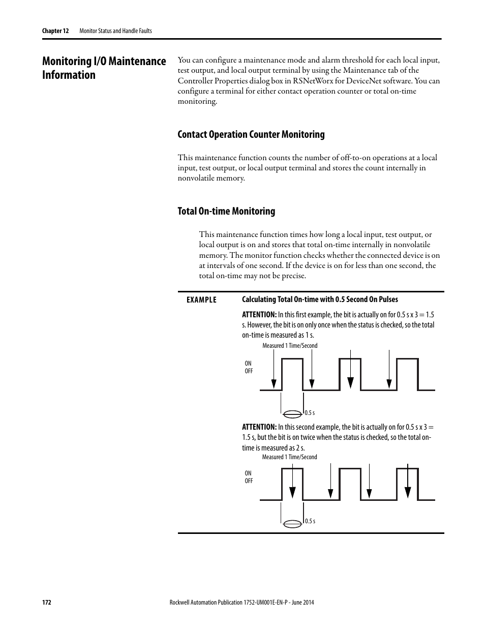 Monitoring i/o maintenance information, Contact operation counter monitoring, Total on-time monitoring | Rockwell Automation 1752-L24BBBE SmartGuard 600 Controllers User Manual User Manual | Page 172 / 290