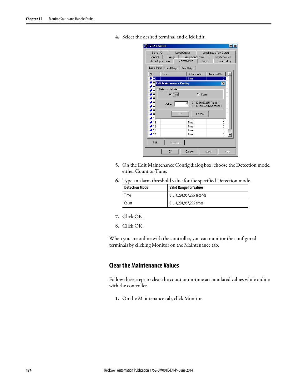 Clear the maintenance values | Rockwell Automation 1752-L24BBBE SmartGuard 600 Controllers User Manual User Manual | Page 174 / 290