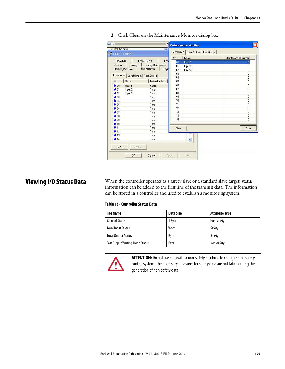 Viewing i/o status data | Rockwell Automation 1752-L24BBBE SmartGuard 600 Controllers User Manual User Manual | Page 175 / 290
