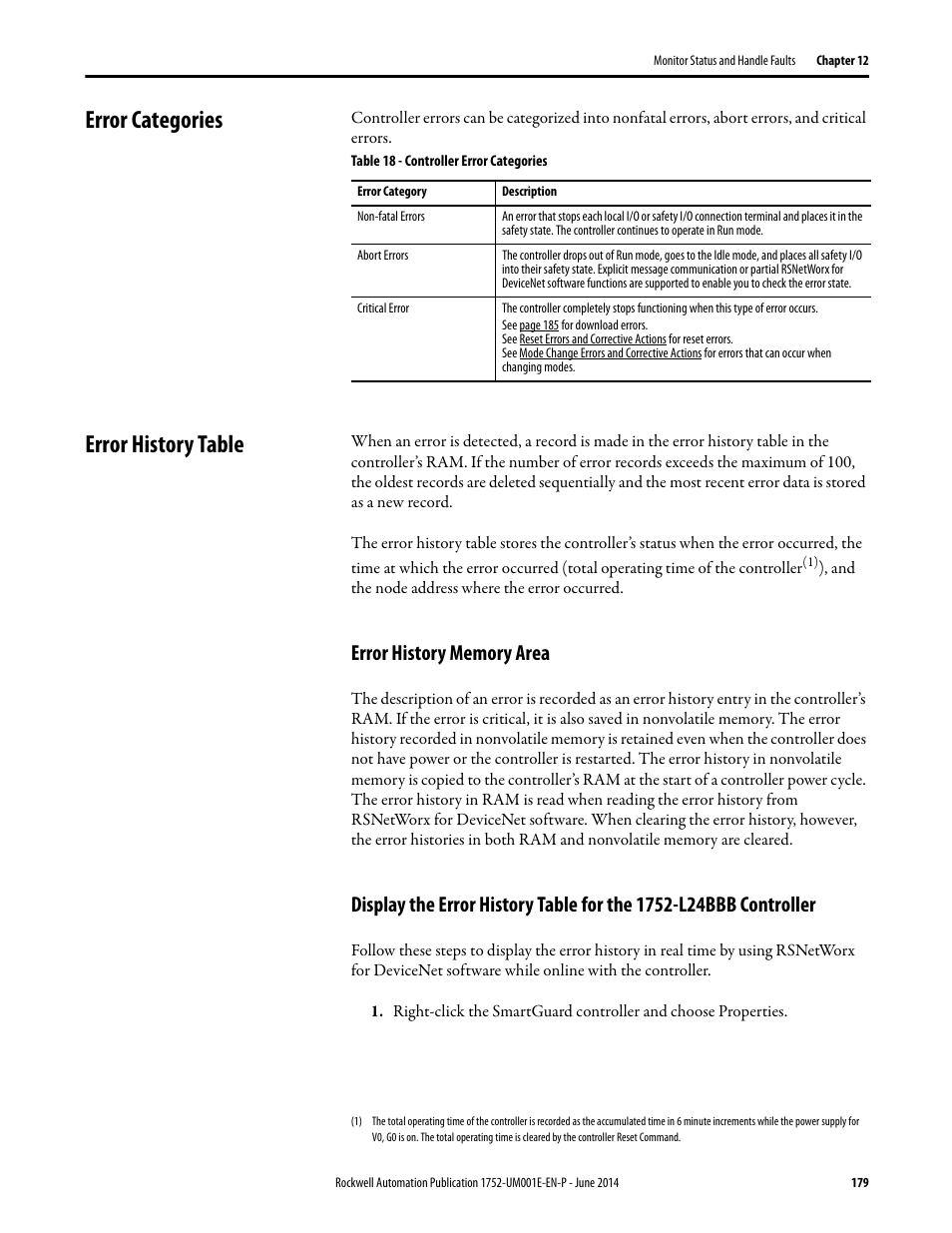 Error categories, Error history table, Error history memory area | Error categories error history table | Rockwell Automation 1752-L24BBBE SmartGuard 600 Controllers User Manual User Manual | Page 179 / 290