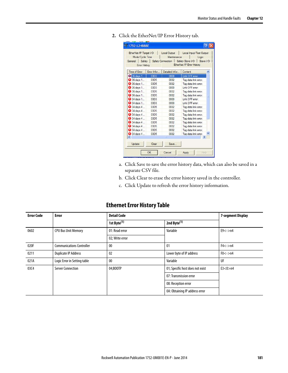 Ethernet error history table | Rockwell Automation 1752-L24BBBE SmartGuard 600 Controllers User Manual User Manual | Page 181 / 290