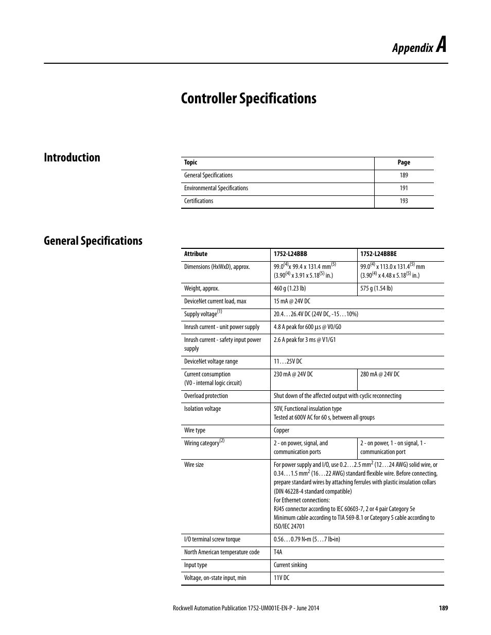 A - controller specifications, Introduction, General specifications | Appendix a, Controller specifications, Introduction general specifications, Appendix | Rockwell Automation 1752-L24BBBE SmartGuard 600 Controllers User Manual User Manual | Page 189 / 290