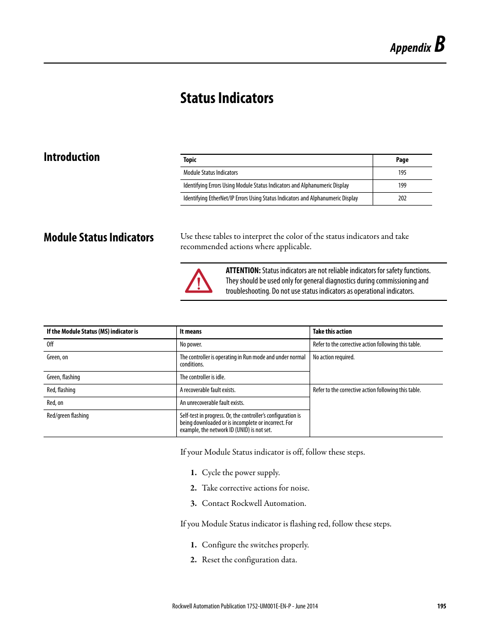 B - status indicators, Introduction, Module status indicators | Appendix b, Status indicators, Introduction module status indicators, E appendix b, Appendix | Rockwell Automation 1752-L24BBBE SmartGuard 600 Controllers User Manual User Manual | Page 195 / 290