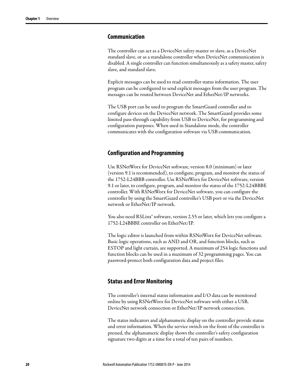 Communication, Configuration and programming, Status and error monitoring | Rockwell Automation 1752-L24BBBE SmartGuard 600 Controllers User Manual User Manual | Page 20 / 290