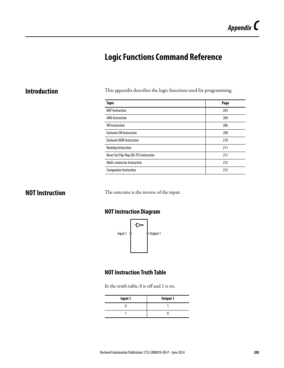 C - logic functions command reference, Introduction, Not instruction | Not instruction diagram, Not instruction truth table, Appendix c, Logic functions command reference, Introduction not instruction, Appendix | Rockwell Automation 1752-L24BBBE SmartGuard 600 Controllers User Manual User Manual | Page 203 / 290