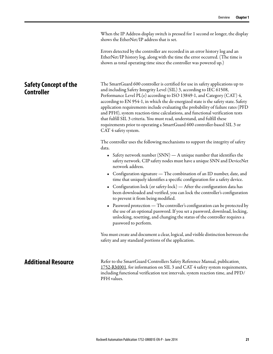 Safety concept of the controller, Additional resource | Rockwell Automation 1752-L24BBBE SmartGuard 600 Controllers User Manual User Manual | Page 21 / 290
