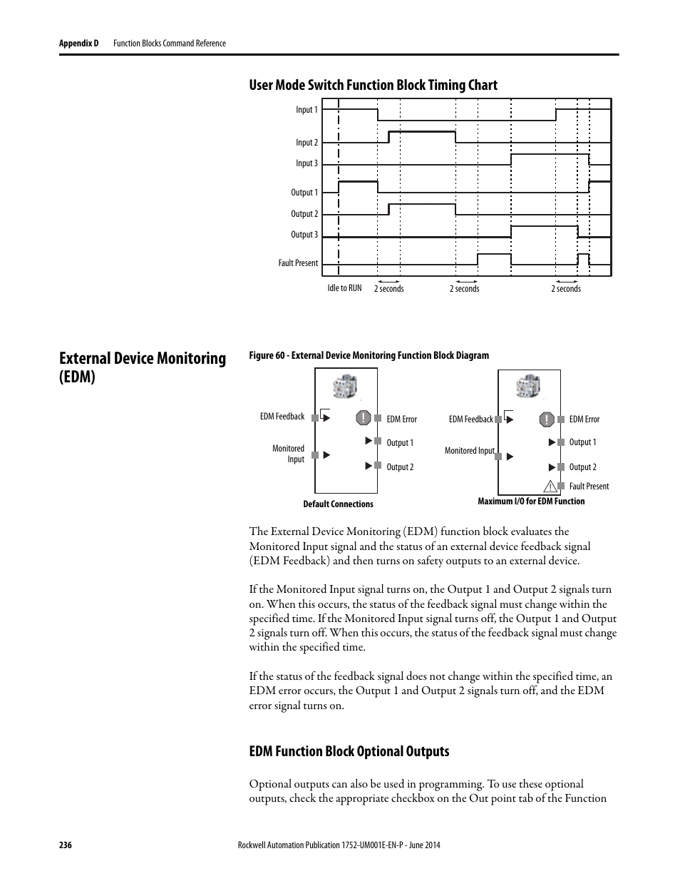 User mode switch function block timing chart, External device monitoring (edm), Edm function block optional outputs | Rockwell Automation 1752-L24BBBE SmartGuard 600 Controllers User Manual User Manual | Page 236 / 290