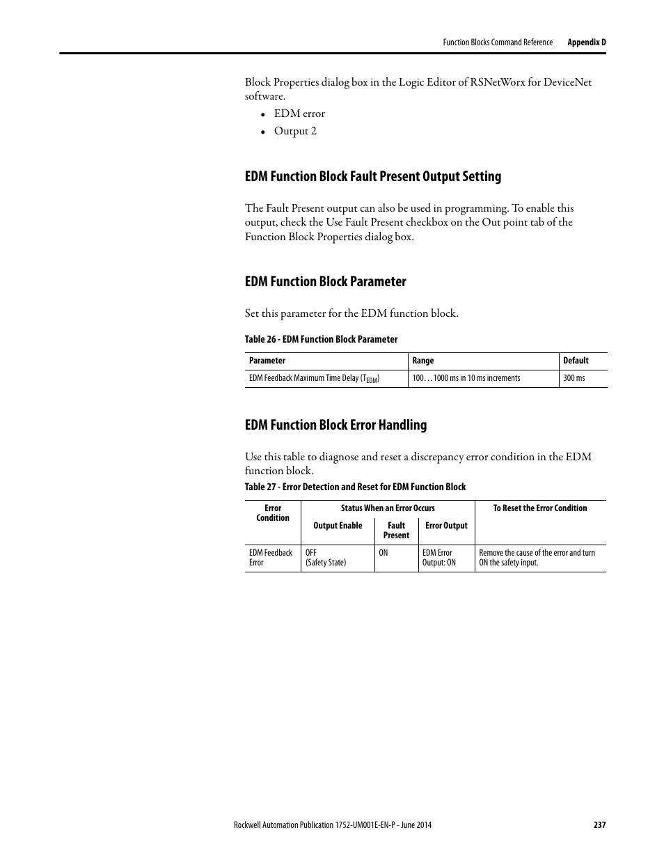 Edm function block fault present output setting, Edm function block parameter, Edm function block error handling | Rockwell Automation 1752-L24BBBE SmartGuard 600 Controllers User Manual User Manual | Page 237 / 290