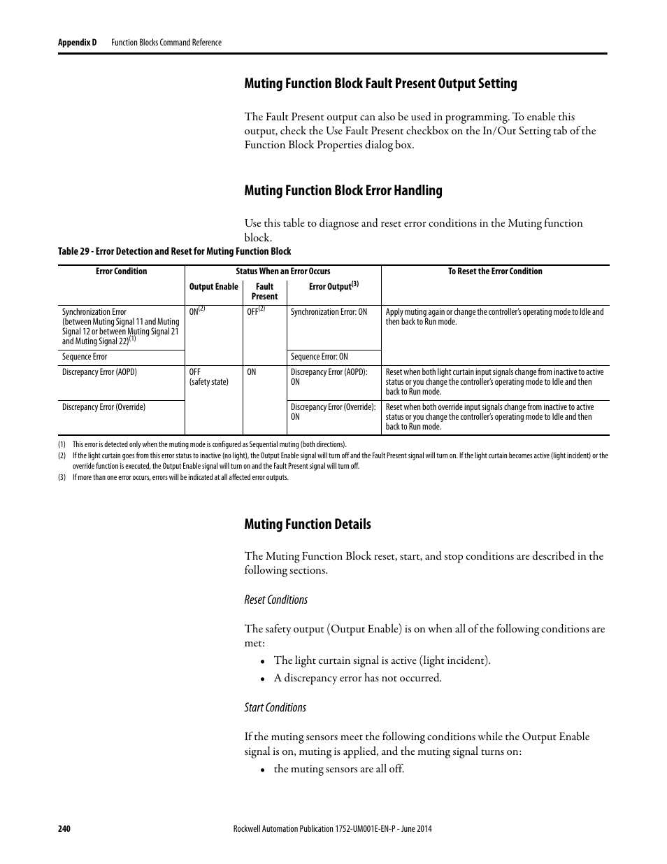 Muting function block fault present output setting, Muting function block error handling, Muting function details | Rockwell Automation 1752-L24BBBE SmartGuard 600 Controllers User Manual User Manual | Page 240 / 290