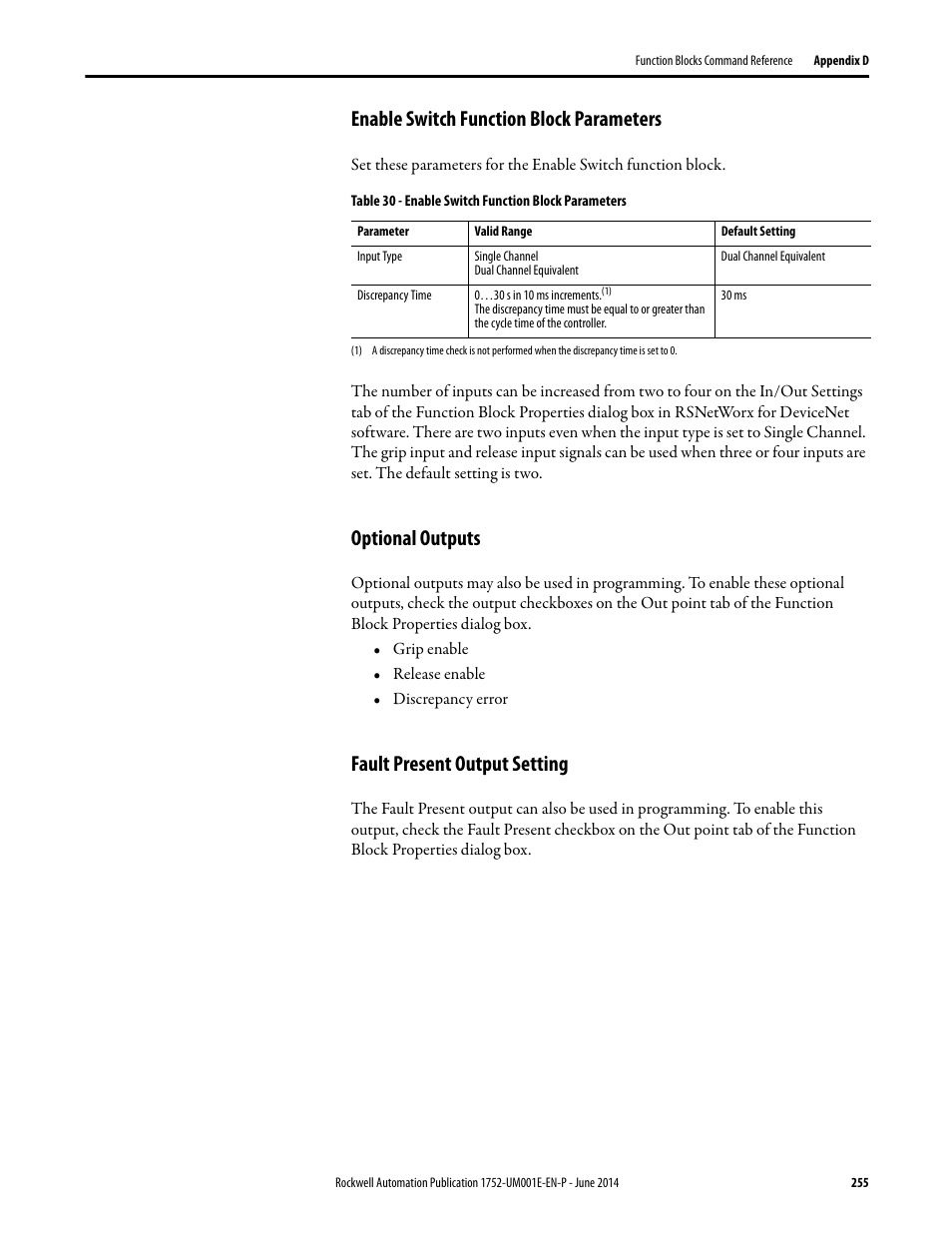 Enable switch function block parameters, Optional outputs, Fault present output setting | Rockwell Automation 1752-L24BBBE SmartGuard 600 Controllers User Manual User Manual | Page 255 / 290