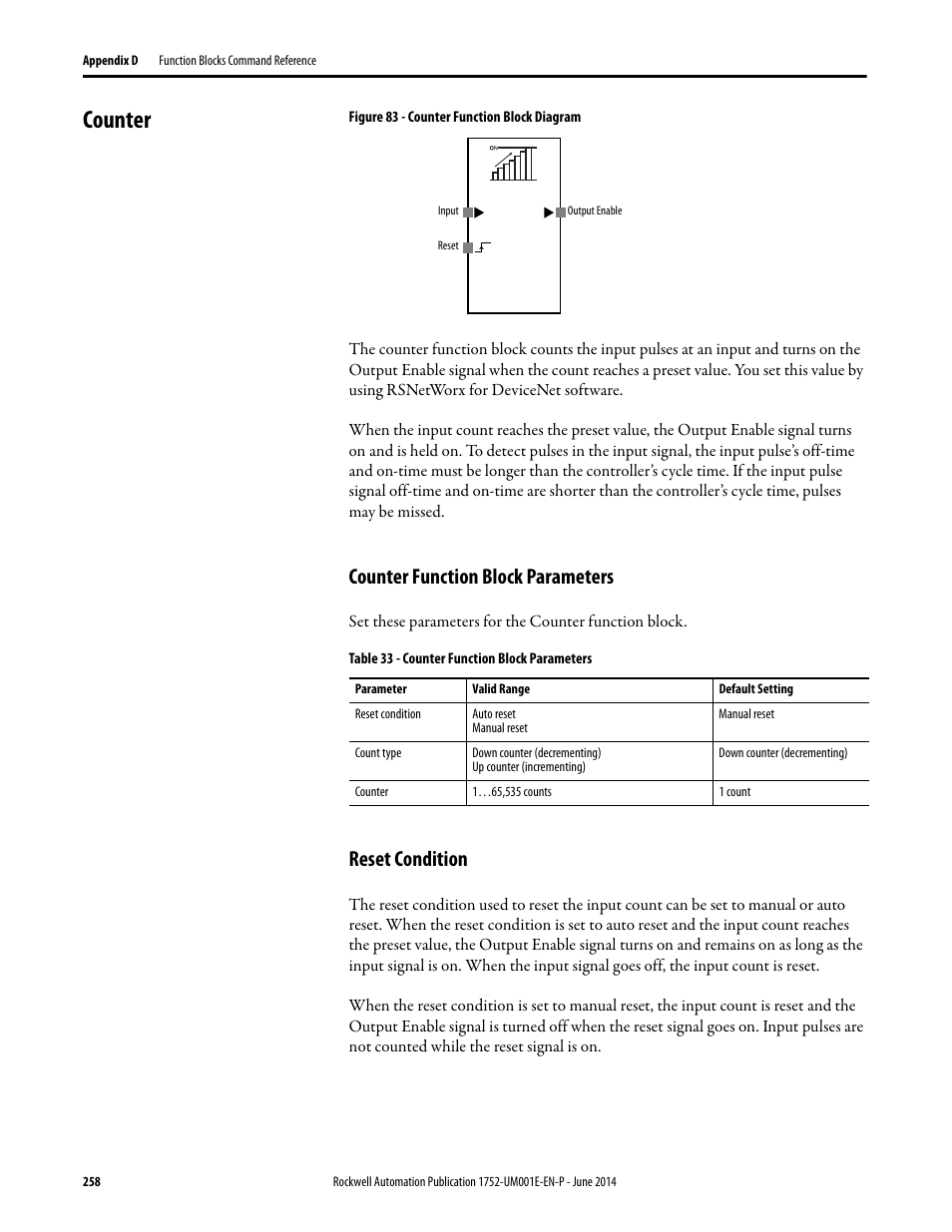 Counter, Counter function block parameters, Reset condition | Counter function block parameters reset condition | Rockwell Automation 1752-L24BBBE SmartGuard 600 Controllers User Manual User Manual | Page 258 / 290