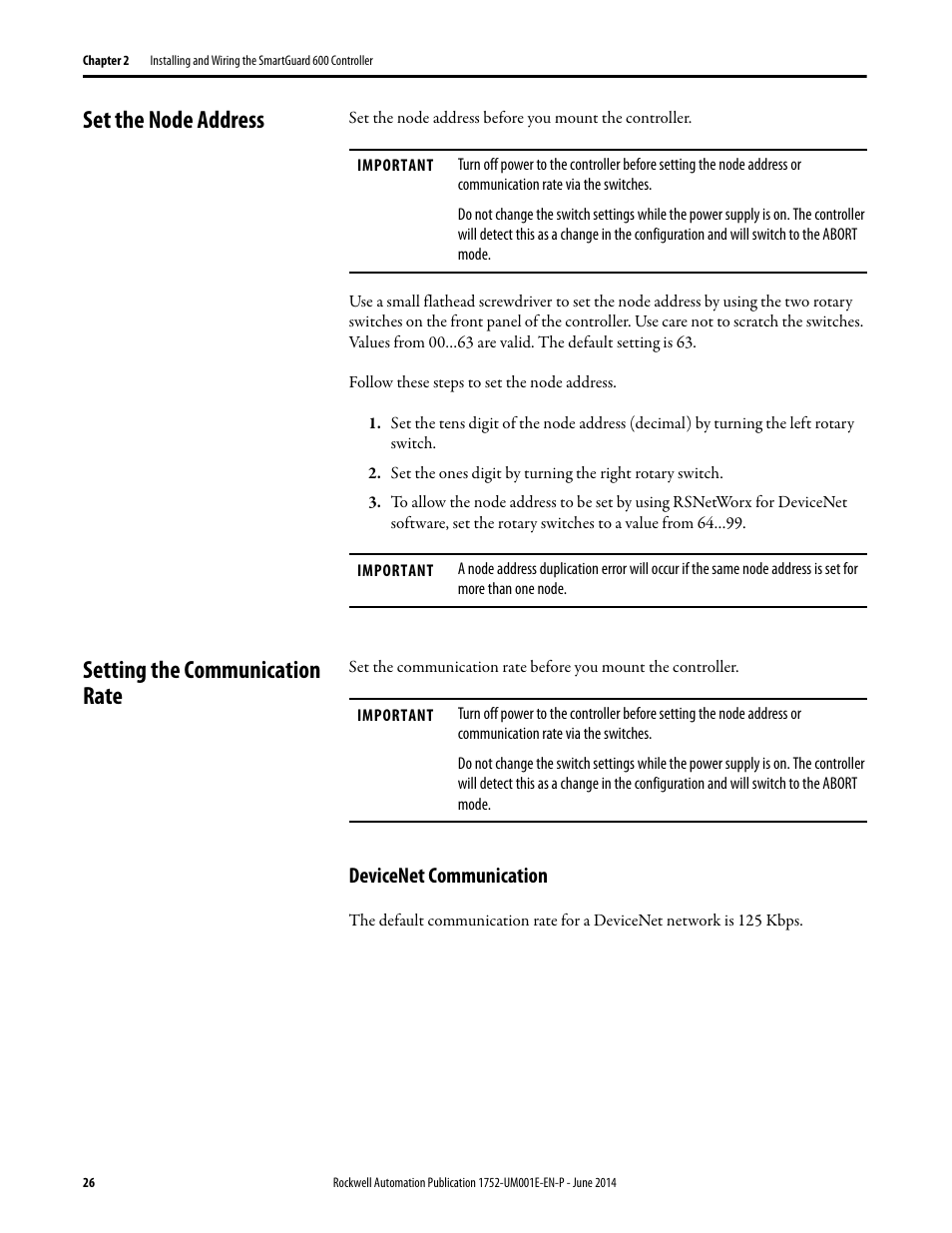 Set the node address, Setting the communication rate, Devicenet communication | Rockwell Automation 1752-L24BBBE SmartGuard 600 Controllers User Manual User Manual | Page 26 / 290