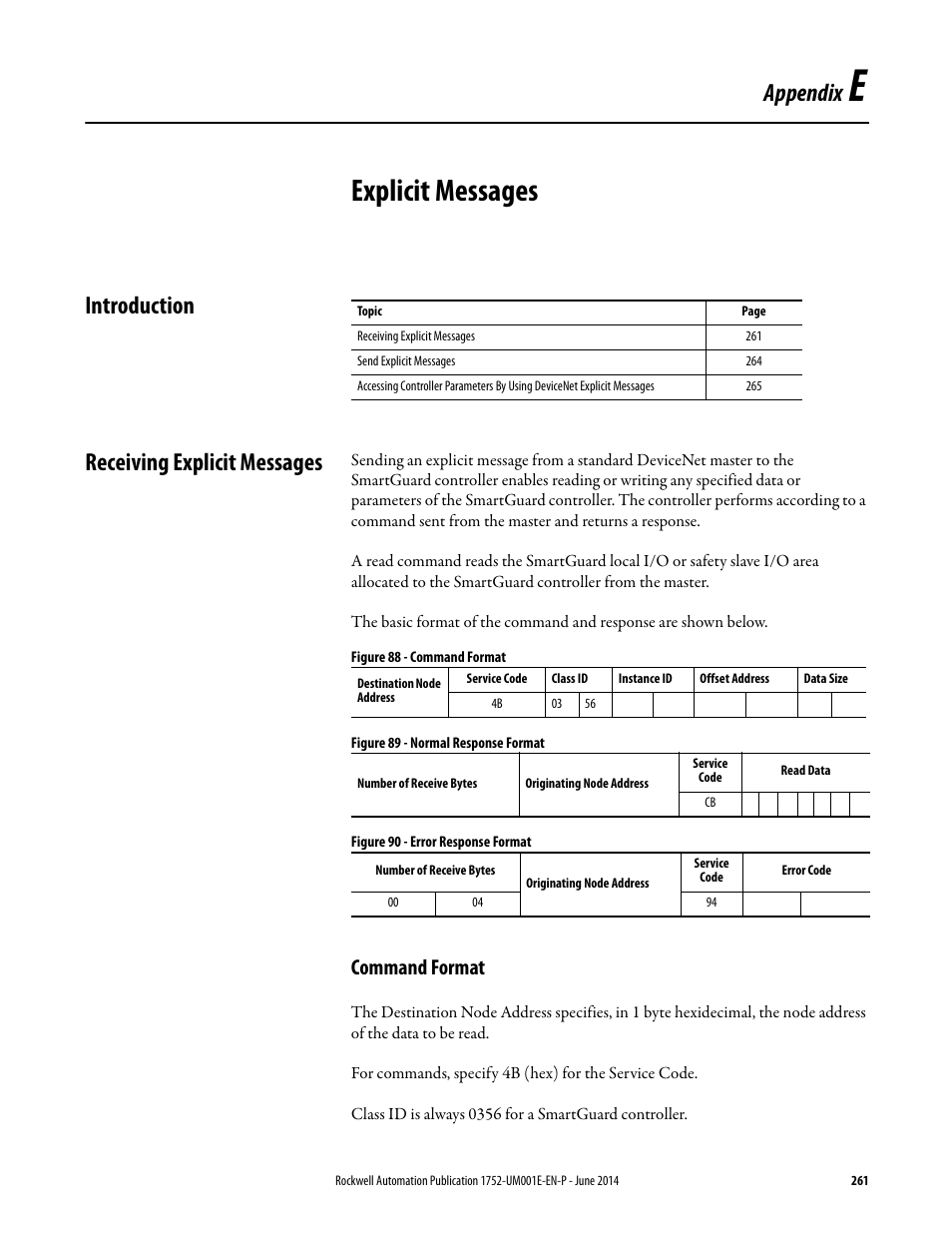 E - explicit messages, Introduction, Receiving explicit messages | Command format, Appendix e, Explicit messages, Introduction receiving explicit messages, Appendix | Rockwell Automation 1752-L24BBBE SmartGuard 600 Controllers User Manual User Manual | Page 261 / 290